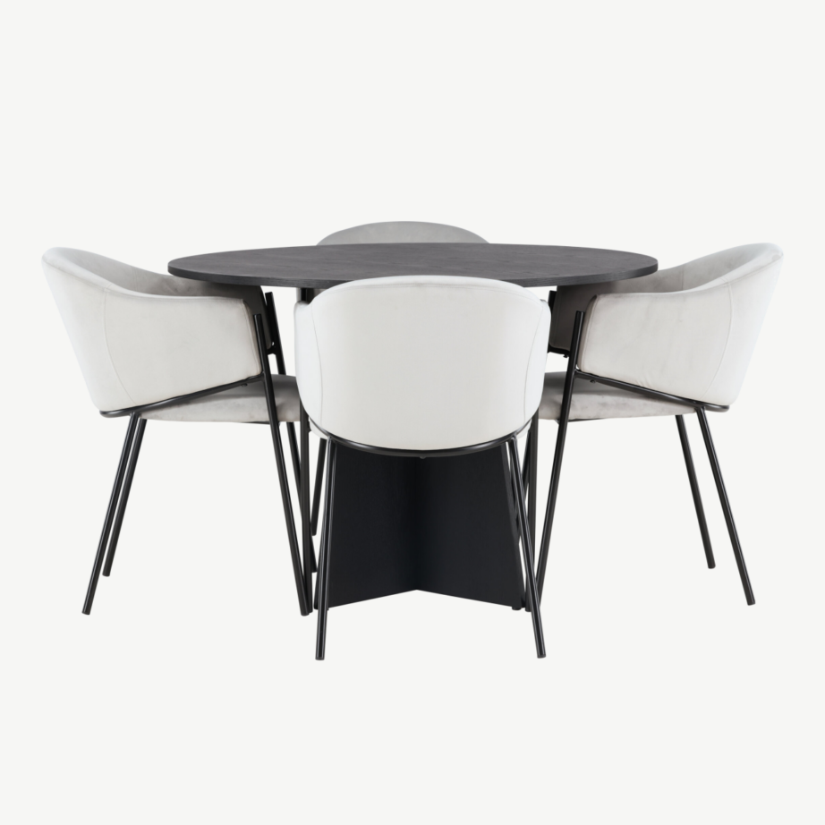 Ümmargune söögilaud Bootcut ja helehallid velvetist Evelina toolid (must MDF, Ø110cm), GR23795 – 2