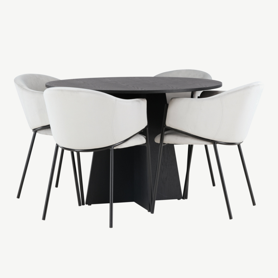 Ümmargune söögilaud Bootcut ja helehallid velvetist Evelina toolid (must MDF, Ø110cm), GR23795 – 3