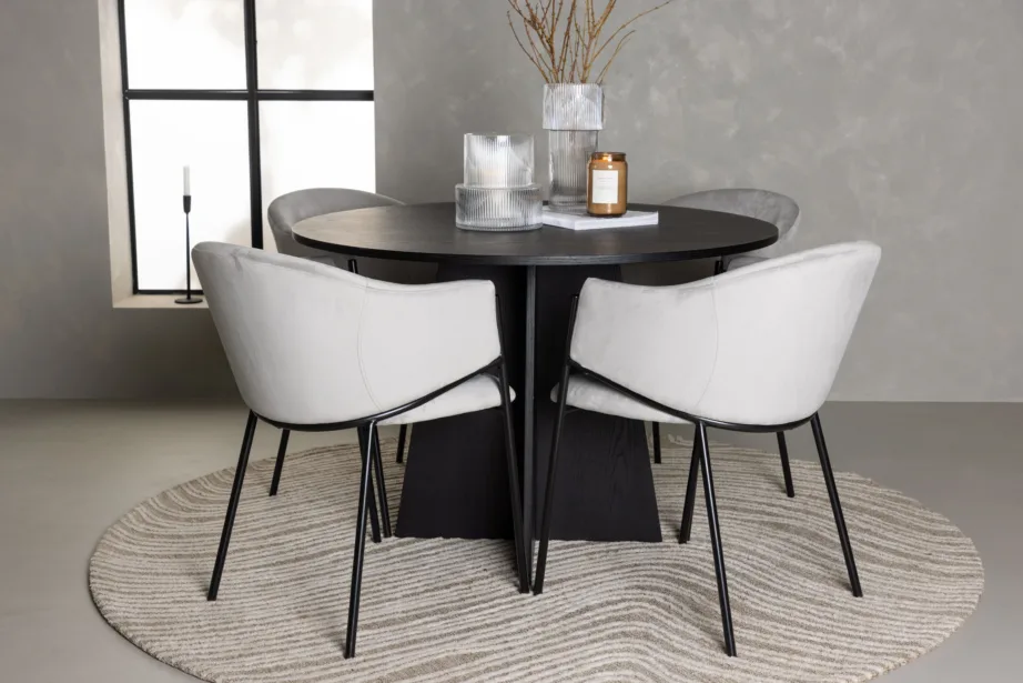 Ümmargune söögilaud Bootcut ja helehallid velvetist Evelina toolid (must MDF, Ø110cm), GR23795 – 4