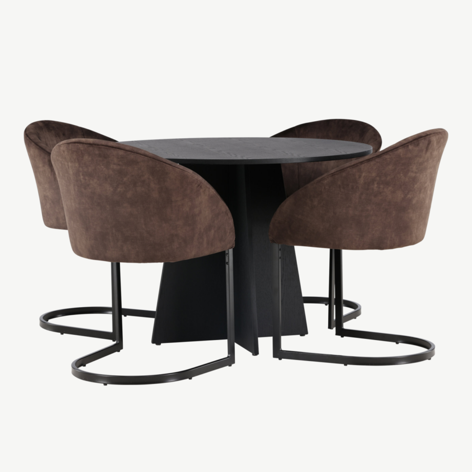 Ümmargune söögilaud Bootcut (must, Ø110cm) ja buklee kangaga Morning toolid, GR23783 – 18