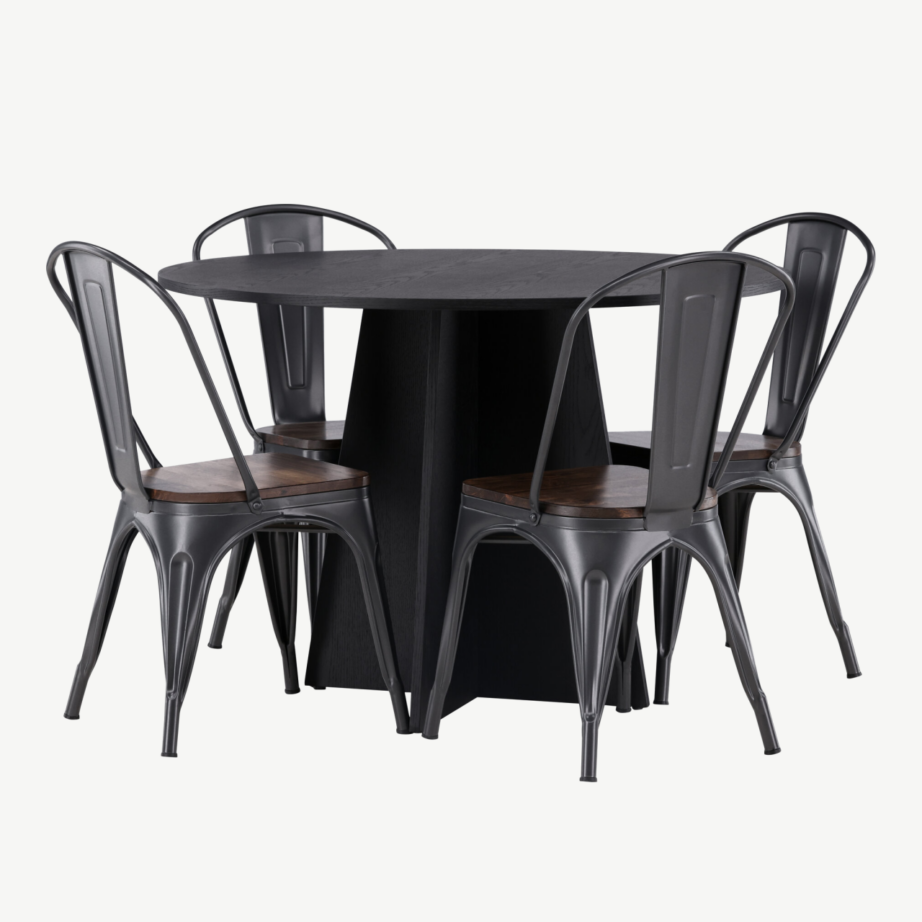 Ümmargune söögilaud Bootcut koos Tempe terastoolidega (must, pähklipruun, ø110 cm), GR23262 – 6