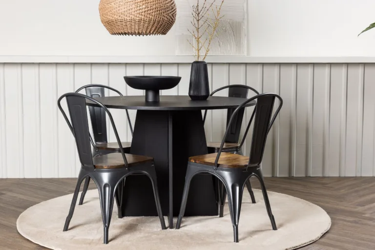Ümmargune söögilaud Bootcut koos Tempe terastoolidega (must, pähklipruun, ø110 cm) - GR23262