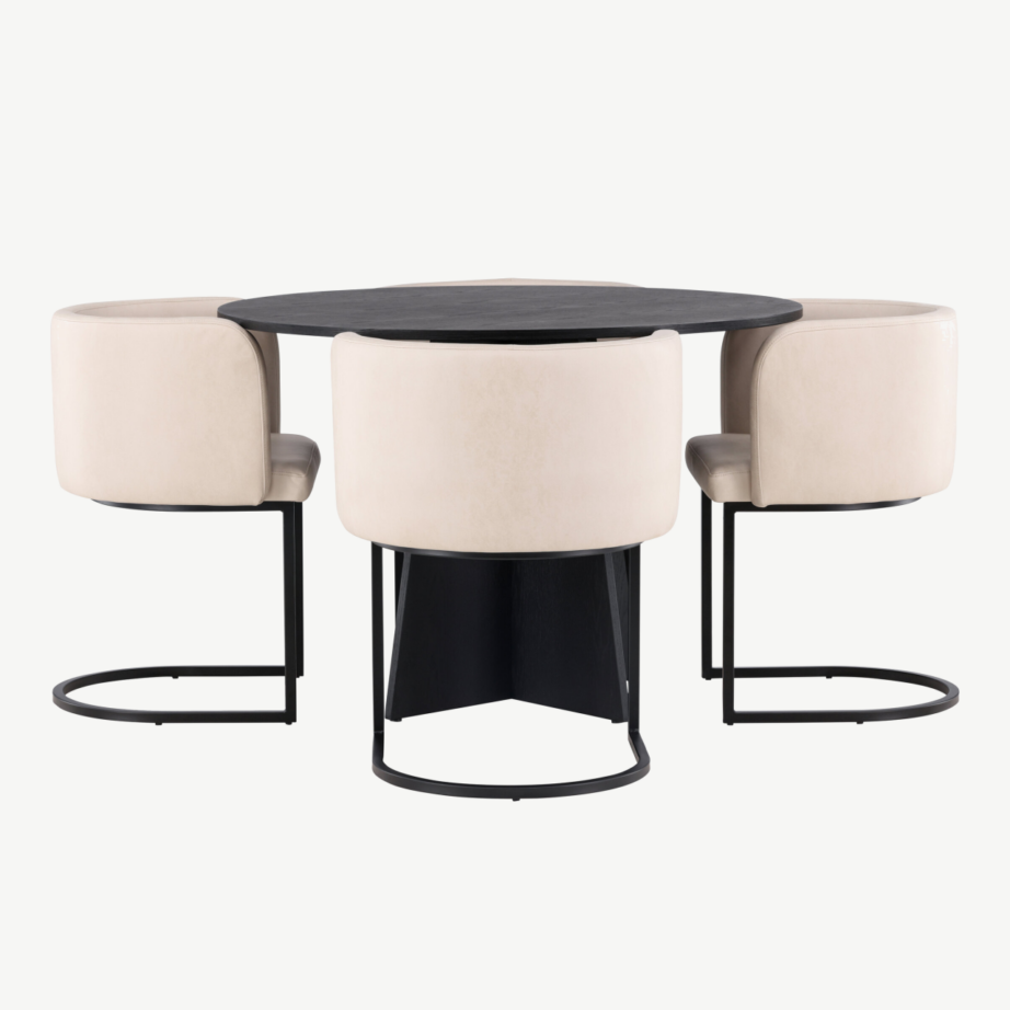 Ümmargune söögilaud Bootcut koos beežide Simrishamn toolidega (must MDF, ø110 cm), GR23261 – 2