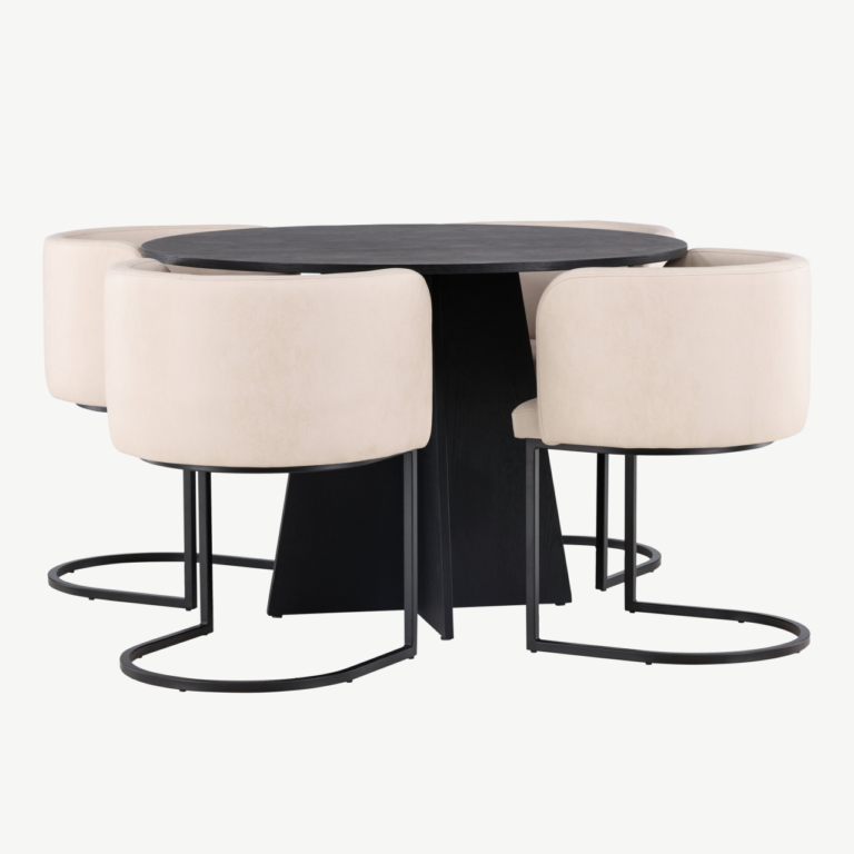 Ümmargune söögilaud Bootcut koos beežide Simrishamn toolidega (must MDF, ø110 cm) - GR23261