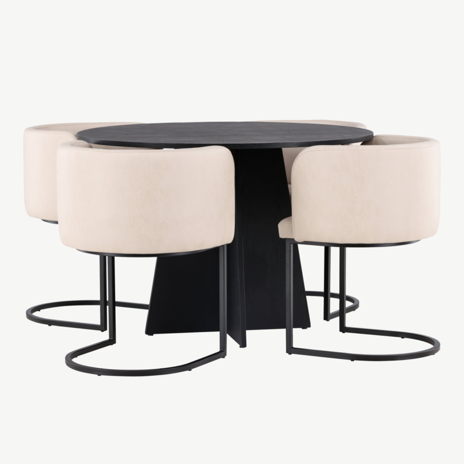 Ümmargune söögilaud Bootcut koos beežide Simrishamn toolidega (must MDF, ø110 cm), GR23261 – 3