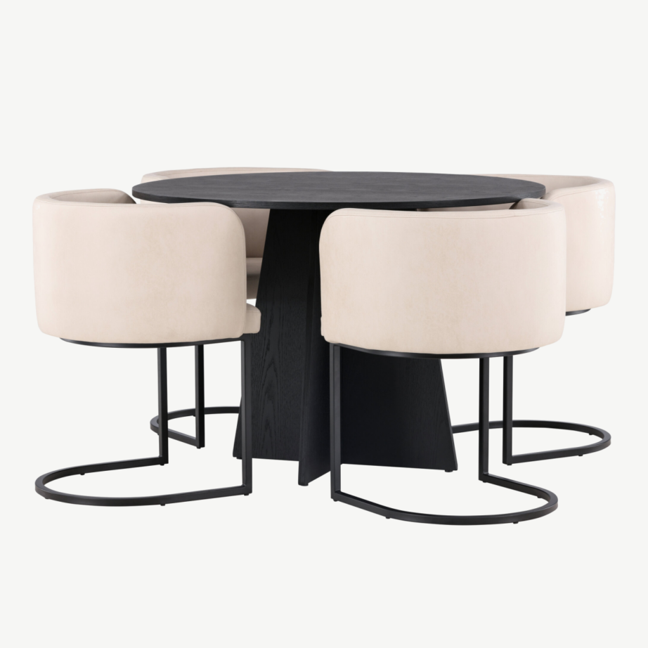 Ümmargune söögilaud Bootcut koos beežide Simrishamn toolidega (must MDF, ø110 cm), GR23261 – 4