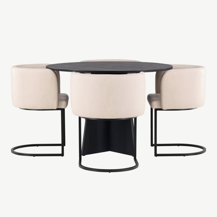 Ümmargune söögilaud Bootcut koos beežide Simrishamn toolidega (must MDF, ø110 cm), GR23261 – 5