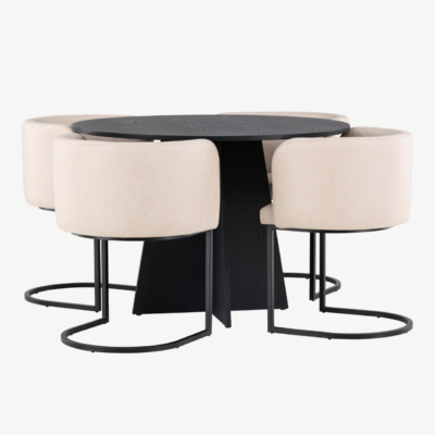 Ümmargune söögilaud Bootcut koos beežide Simrishamn toolidega (must MDF, ø110 cm) - GR23261