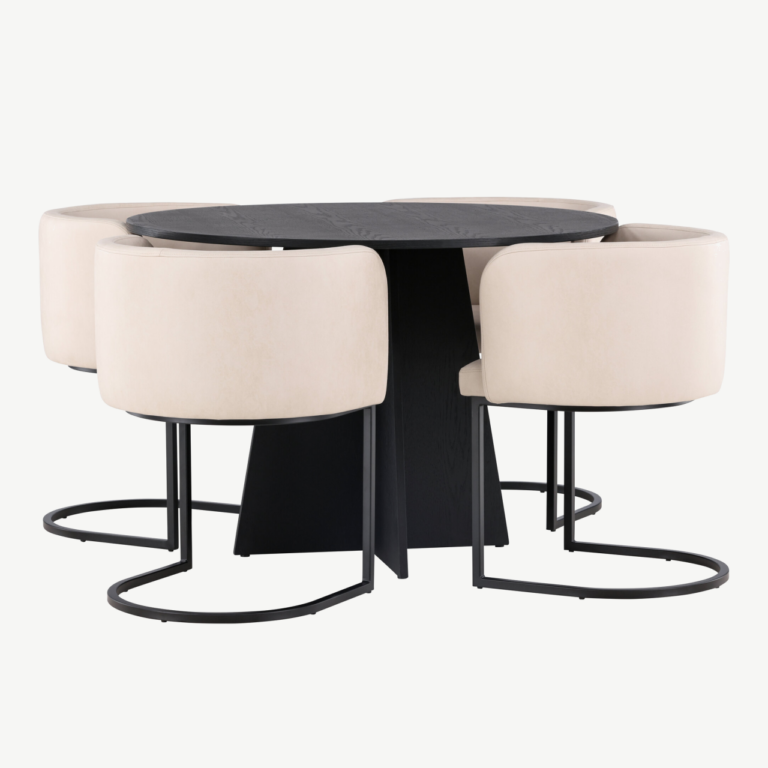 Ümmargune söögilaud Bootcut koos beežide Simrishamn toolidega (must MDF, ø110 cm) - GR23261