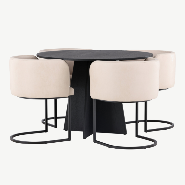Ümmargune söögilaud Bootcut koos beežide Simrishamn toolidega (must MDF, ø110 cm) - GR23261