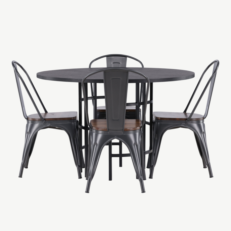 Ümmargune söögilaud Copenhagen (MDF, must) ja tööstusliku disainiga Tempe tool, GR23225 – 2