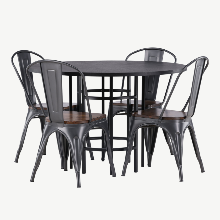 Ümmargune söögilaud Copenhagen (MDF, must) ja tööstusliku disainiga Tempe tool, GR23225 – 3