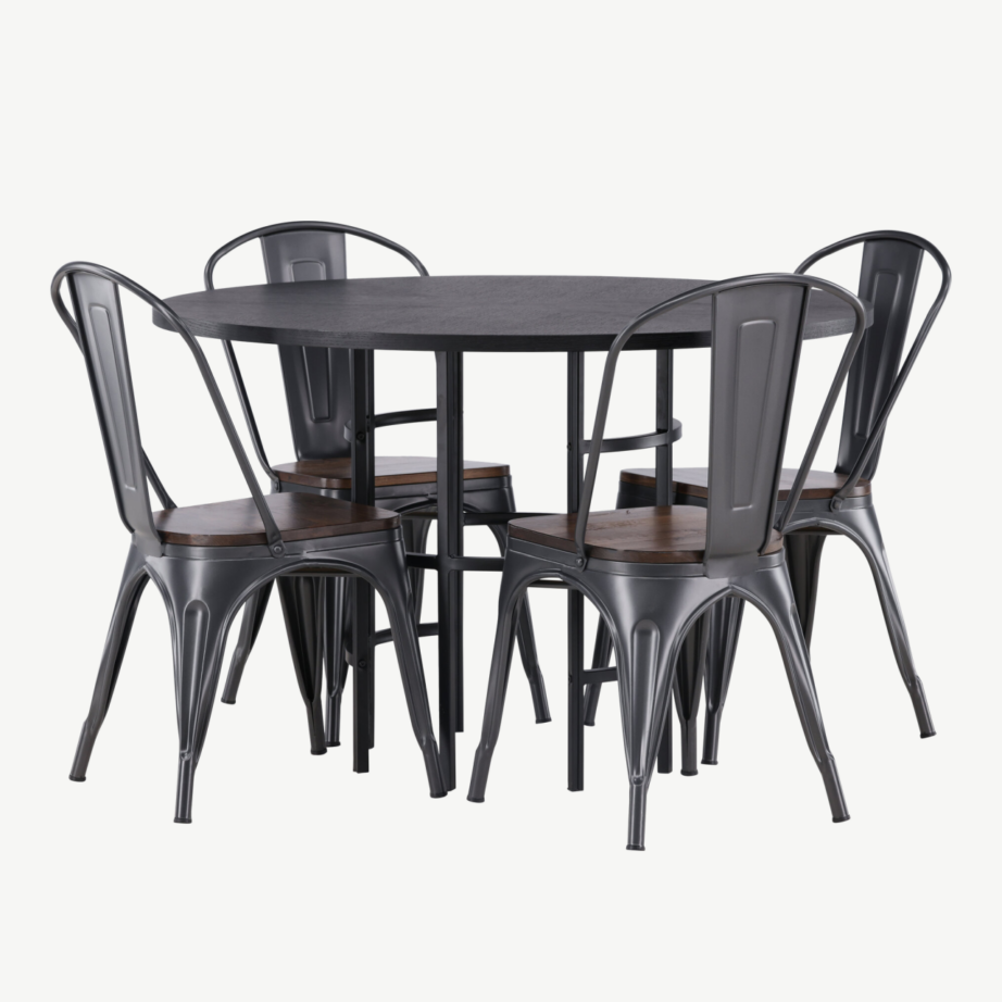 Ümmargune söögilaud Copenhagen (MDF, must) ja tööstusliku disainiga Tempe tool, GR23225 – 6