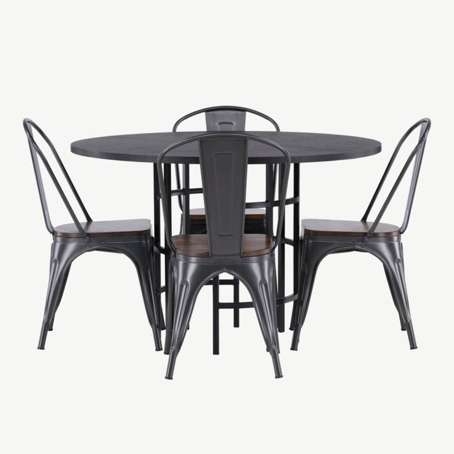 Ümmargune söögilaud Copenhagen (MDF, must) ja tööstusliku disainiga Tempe tool, GR23225 – 7