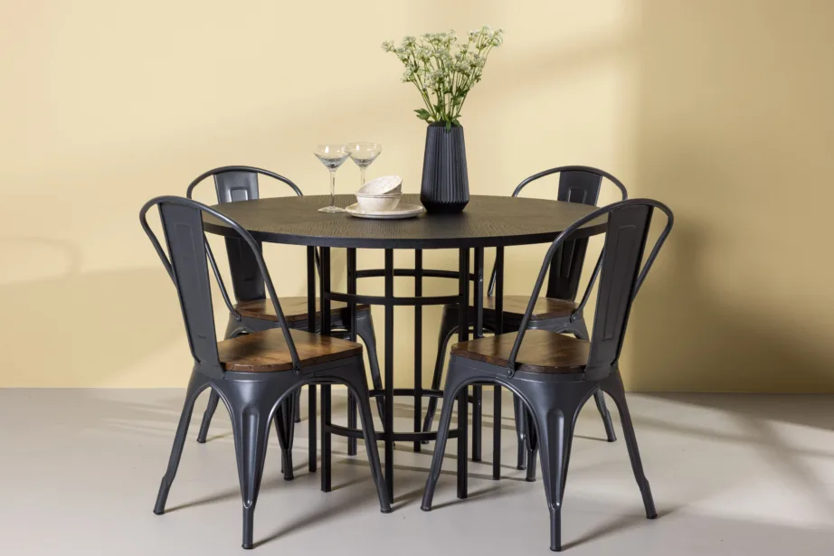 Ümmargune söögilaud Copenhagen (MDF, must) ja tööstusliku disainiga Tempe tool, GR23225 – 8