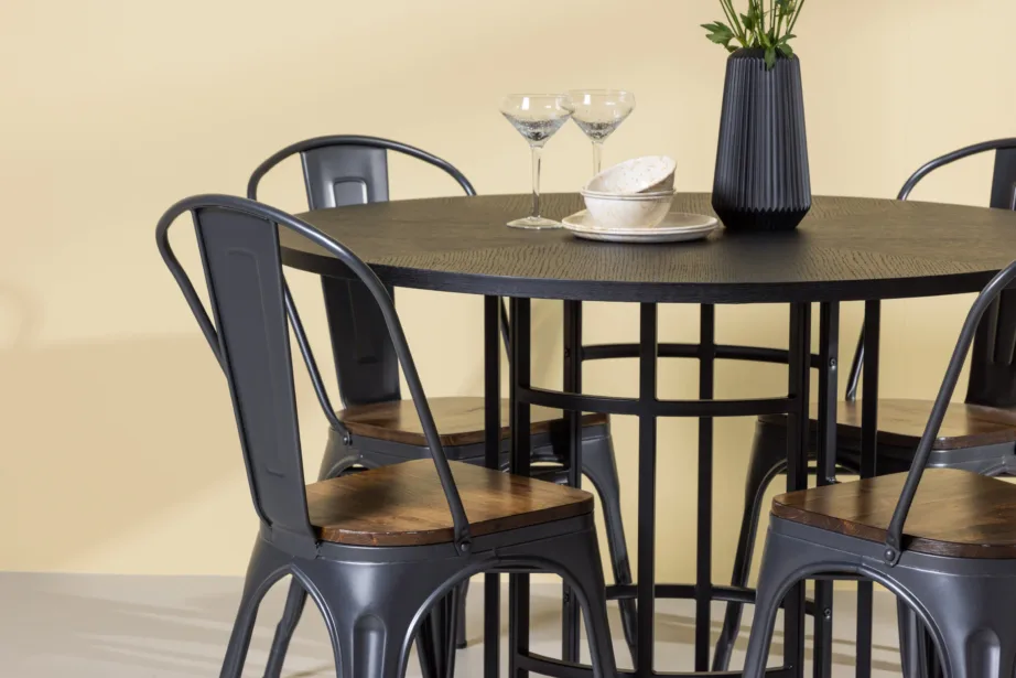 Ümmargune söögilaud Copenhagen (MDF, must) ja tööstusliku disainiga Tempe tool, GR23225 – 9