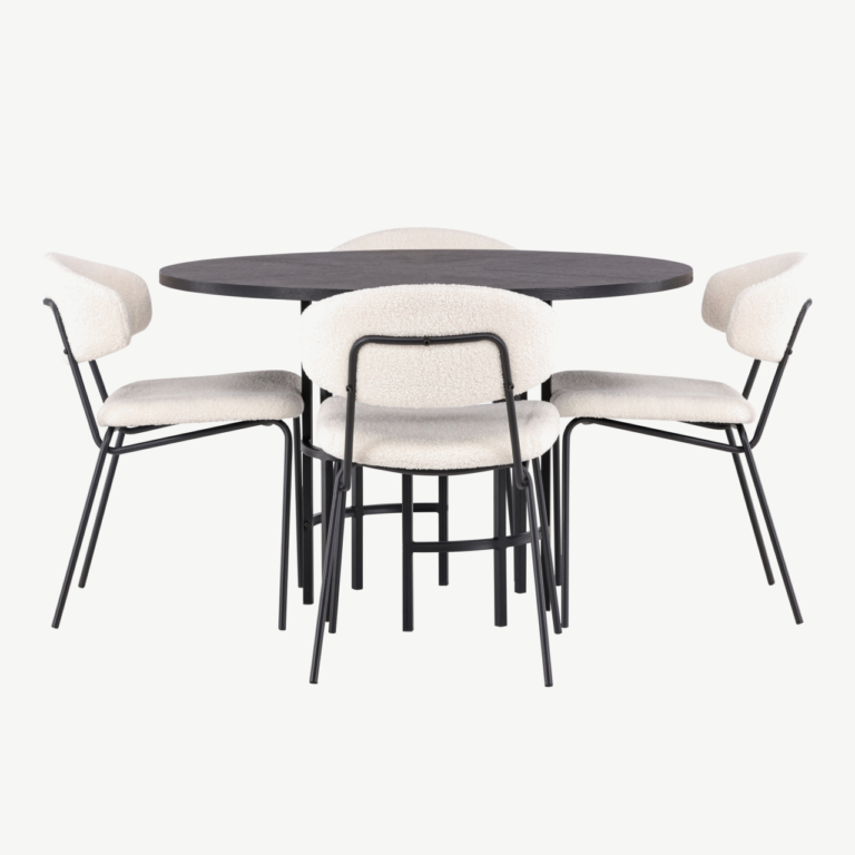 Ümmargune söögilaud Copenhagen ja valged buklee kangaga toolid (4 tk, must MDF, ø115cm) - GR23212