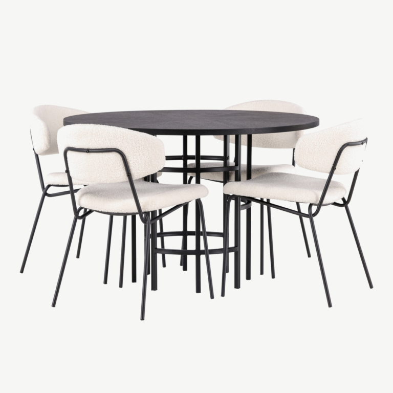 Ümmargune söögilaud Copenhagen ja valged buklee kangaga toolid (4 tk, must MDF, ø115cm) - GR23212