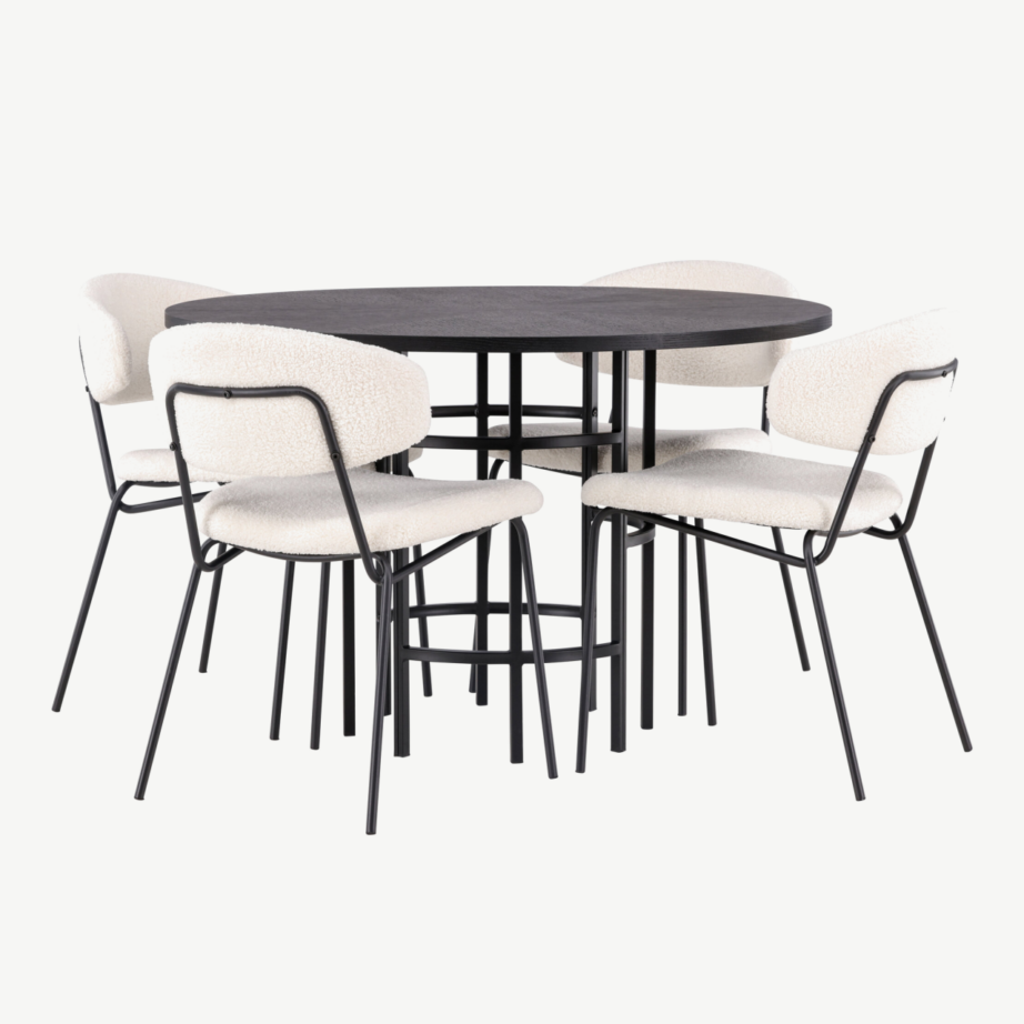 Ümmargune söögilaud Copenhagen ja valged buklee kangaga toolid (4 tk, must MDF, ø115cm), GR23212 – 3