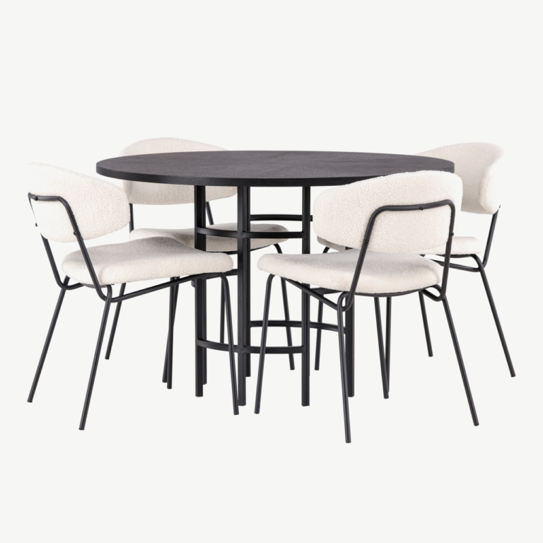 Ümmargune söögilaud Copenhagen ja valged buklee kangaga toolid (4 tk, must MDF, ø115cm) - GR23212