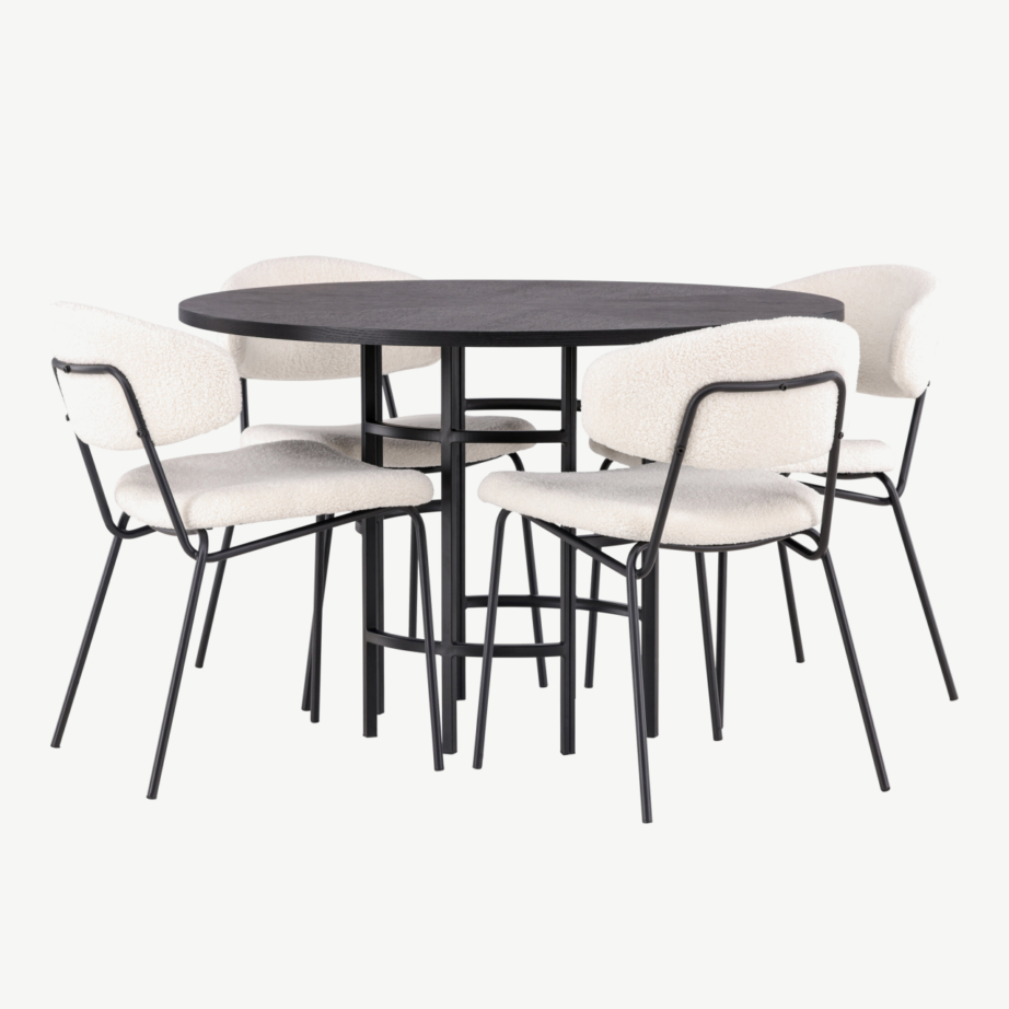 Ümmargune söögilaud Copenhagen ja valged buklee kangaga toolid (4 tk, must MDF, ø115cm), GR23212 – 4