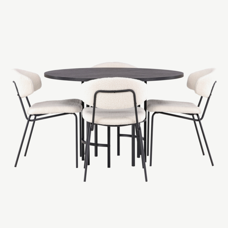 Ümmargune söögilaud Copenhagen ja valged buklee kangaga toolid (4 tk, must MDF, ø115cm) - GR23212