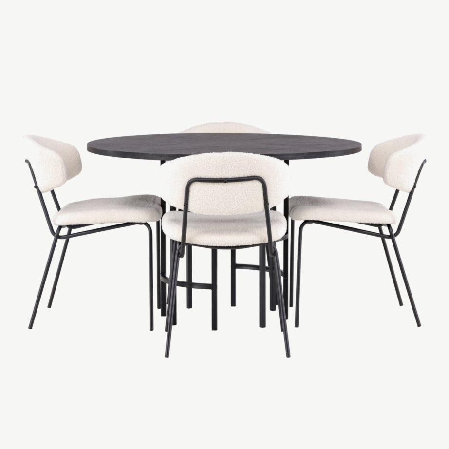 Ümmargune söögilaud Copenhagen ja valged buklee kangaga toolid (4 tk, must MDF, ø115cm), GR23212 – 5