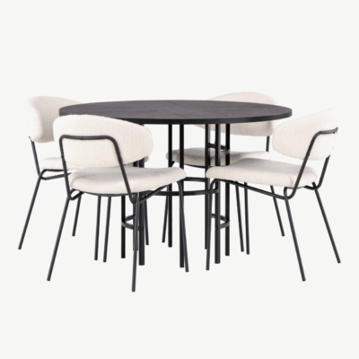 Ümmargune söögilaud Copenhagen ja valged buklee kangaga toolid (4 tk, must MDF, ø115cm) - GR23212