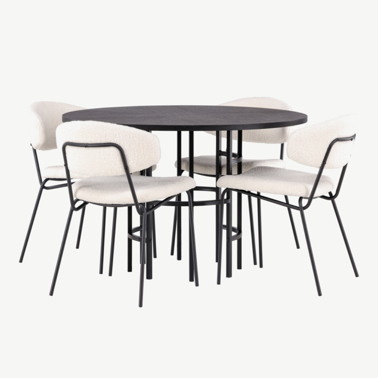 Ümmargune söögilaud Copenhagen ja valged buklee kangaga toolid (4 tk, must MDF, ø115cm) - GR23212