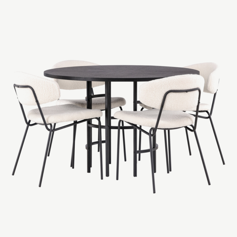 Ümmargune söögilaud Copenhagen ja valged buklee kangaga toolid (4 tk, must MDF, ø115cm) - GR23212