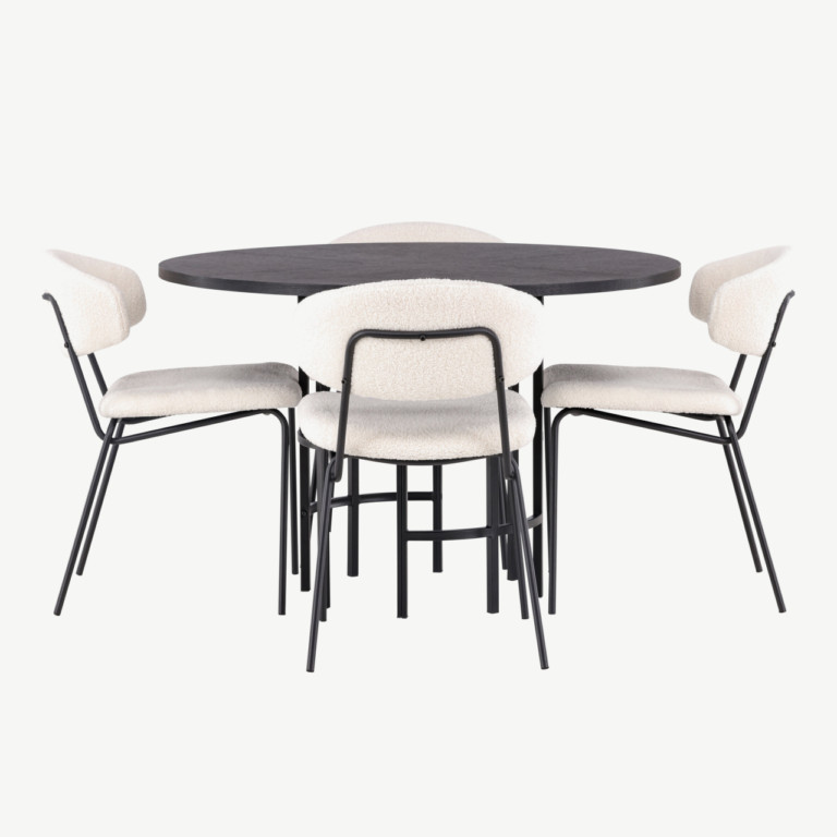 Ümmargune söögilaud Copenhagen ja valged buklee kangaga toolid (4 tk, must MDF, ø115cm) - GR23212