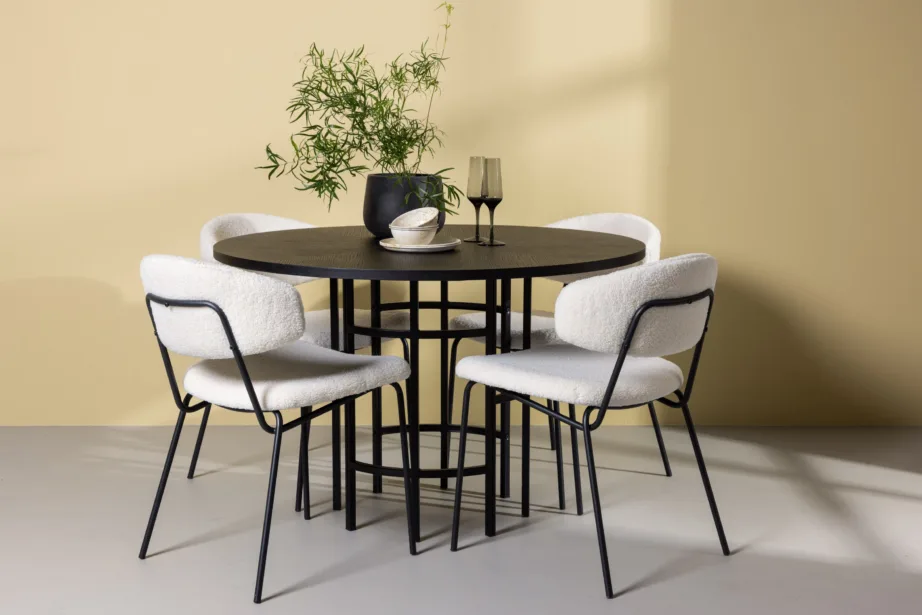 Ümmargune söögilaud Copenhagen ja valged buklee kangaga toolid (4 tk, must MDF, ø115cm), GR23212 – 8