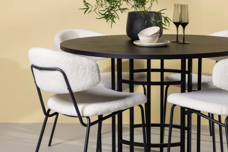 Ümmargune söögilaud Copenhagen ja valged buklee kangaga toolid (4 tk, must MDF, ø115cm) - GR23212