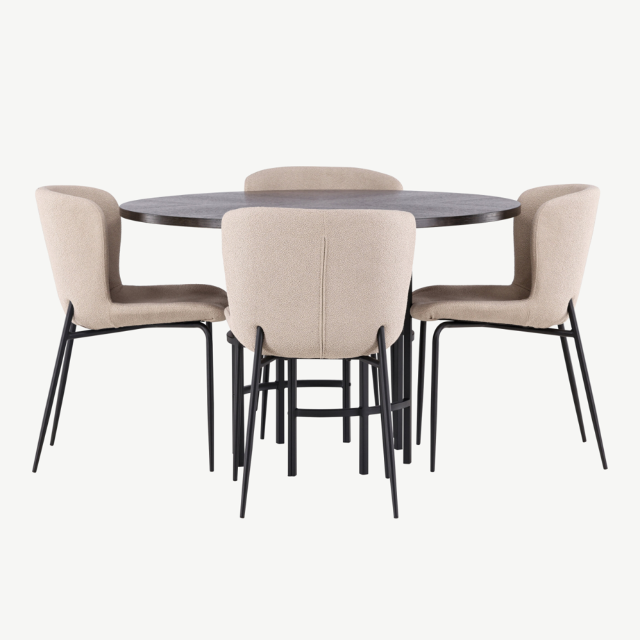 Ümmargune söögilaud Copenhagen mokka viimistlusega ja beežid buklee toolid (4 tk), GR23202 – 2