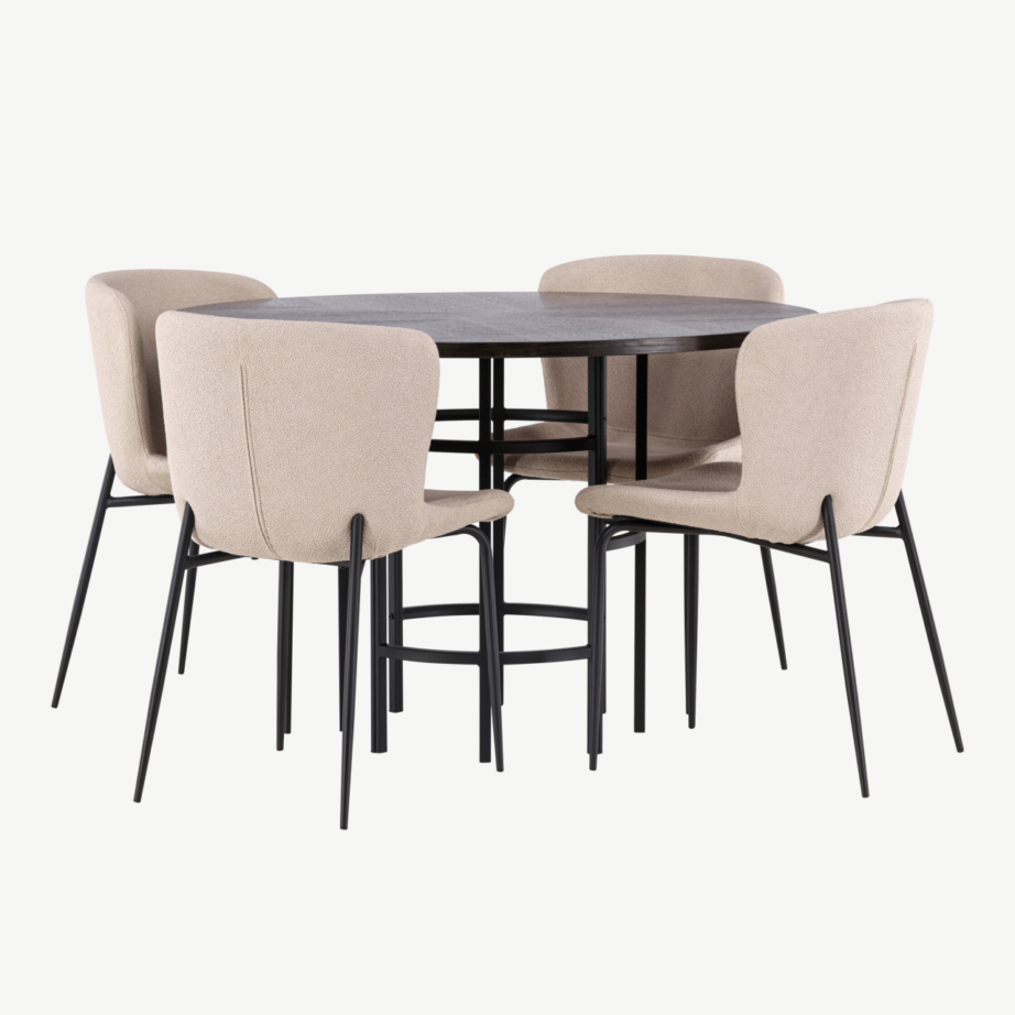 Ümmargune söögilaud Copenhagen mokka viimistlusega ja beežid buklee toolid (4 tk), GR23202 – 3