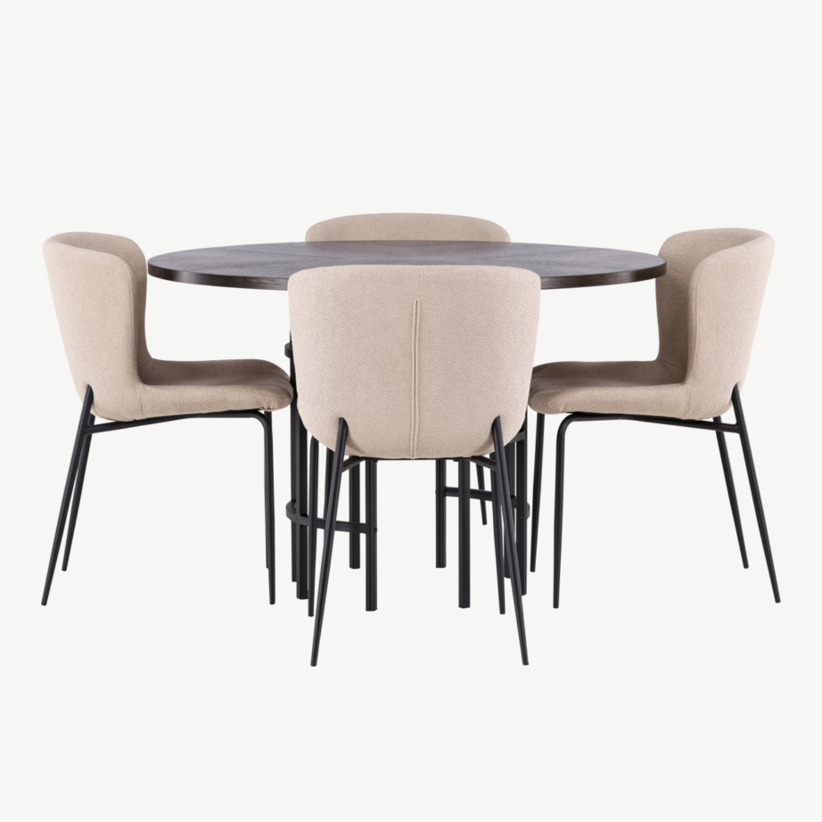 Ümmargune söögilaud Copenhagen mokka viimistlusega ja beežid buklee toolid (4 tk), GR23202 – 5