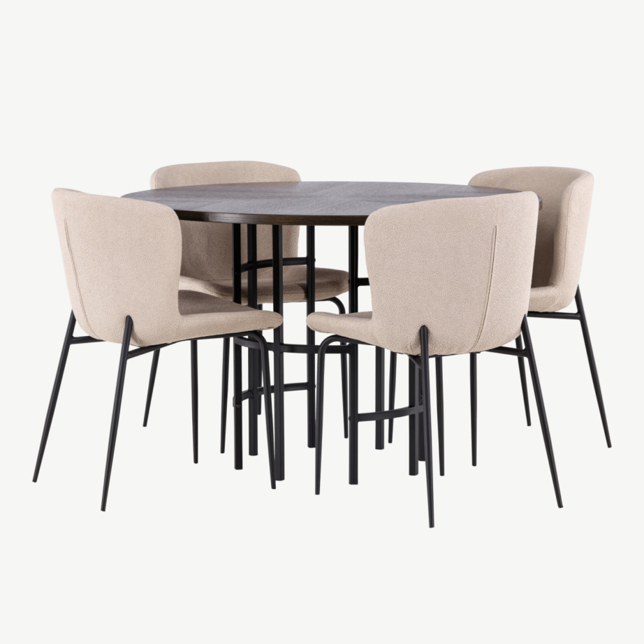 Ümmargune söögilaud Copenhagen mokka viimistlusega ja beežid buklee toolid (4 tk), GR23202 – 6