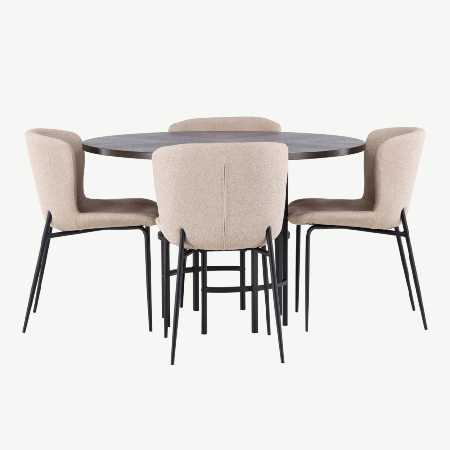 Ümmargune söögilaud Copenhagen mokka viimistlusega ja beežid buklee toolid (4 tk), GR23202 – 7