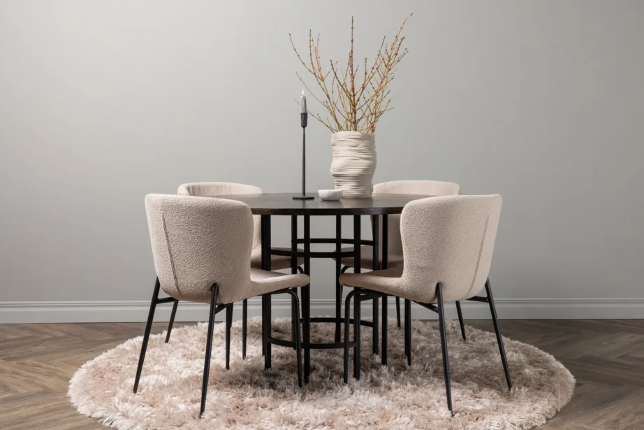Ümmargune söögilaud Copenhagen mokka viimistlusega ja beežid buklee toolid (4 tk), GR23202 – 8
