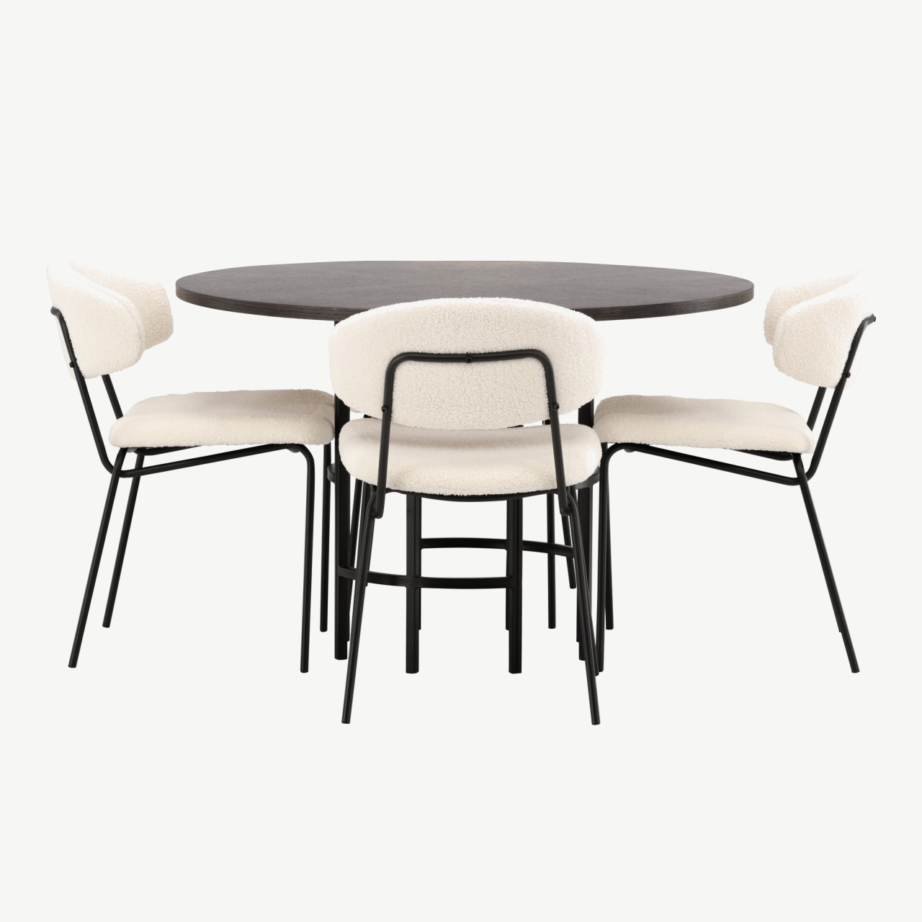 Ümmargune söögilaud Copenhagen (mokka vineer, mustad metalljalad) ja Chico söögitool (valge buklee, must terasraam), GR23196 – 2