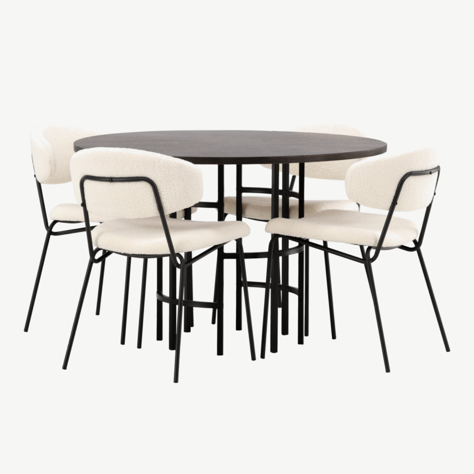 Ümmargune söögilaud Copenhagen (mokka vineer, mustad metalljalad) ja Chico söögitool (valge buklee, must terasraam), GR23196 – 3
