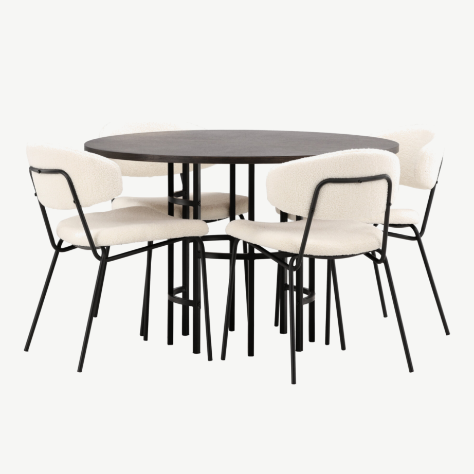 Ümmargune söögilaud Copenhagen (mokka vineer, mustad metalljalad) ja Chico söögitool (valge buklee, must terasraam), GR23196 – 4