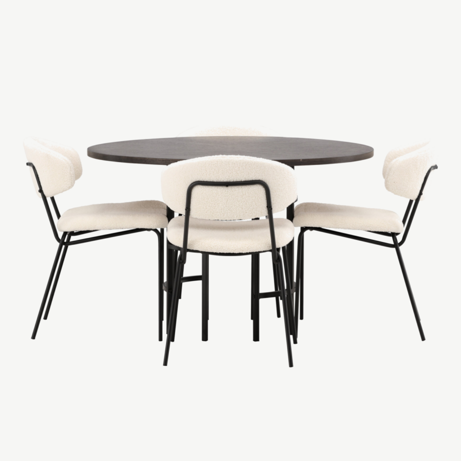 Ümmargune söögilaud Copenhagen (mokka vineer, mustad metalljalad) ja Chico söögitool (valge buklee, must terasraam), GR23196 – 5