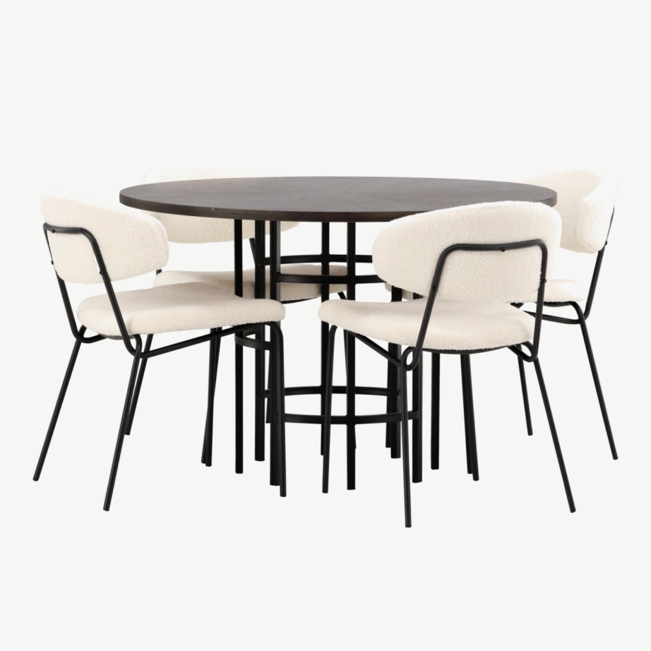 Ümmargune söögilaud Copenhagen (mokka vineer, mustad metalljalad) ja Chico söögitool (valge buklee, must terasraam), GR23196 – 6