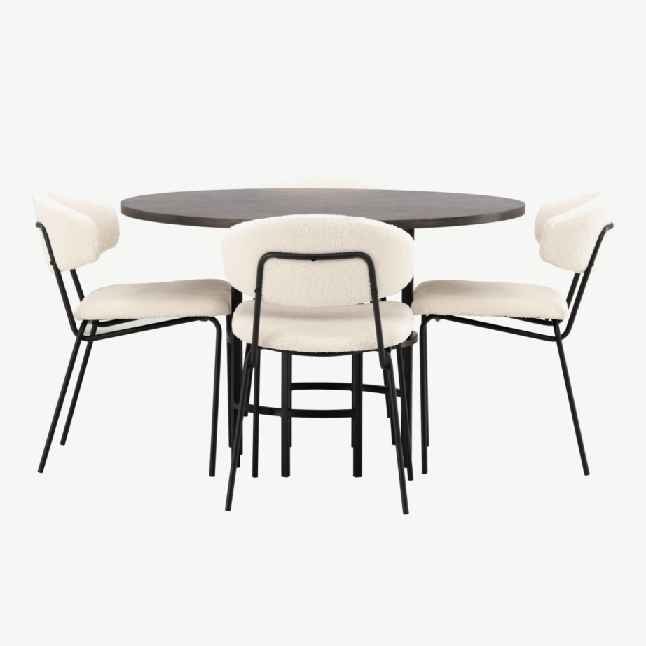Ümmargune söögilaud Copenhagen (mokka vineer, mustad metalljalad) ja Chico söögitool (valge buklee, must terasraam), GR23196 – 7