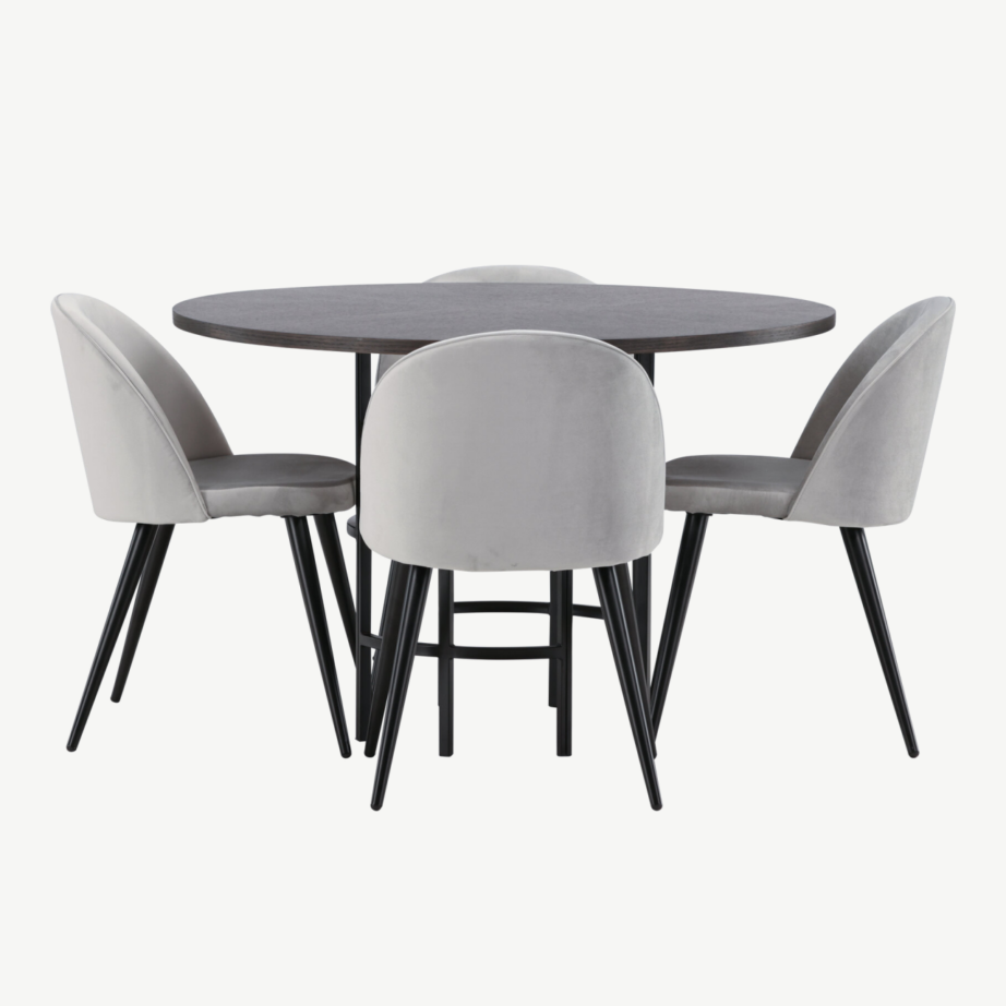 Ümmargune söögilaud Copenhagen mokkatoonis ja hallid sametkattega toolid, GR22851 – 2