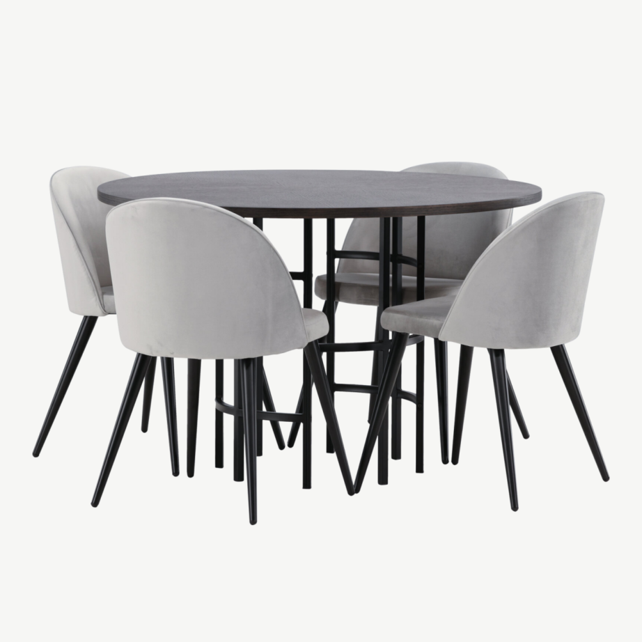 Ümmargune söögilaud Copenhagen mokkatoonis ja hallid sametkattega toolid, GR22851 – 3