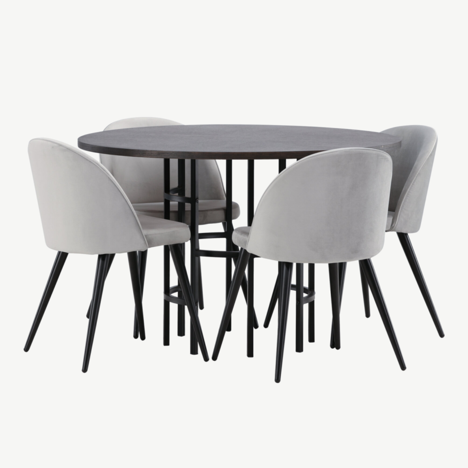 Ümmargune söögilaud Copenhagen mokkatoonis ja hallid sametkattega toolid, GR22851 – 4