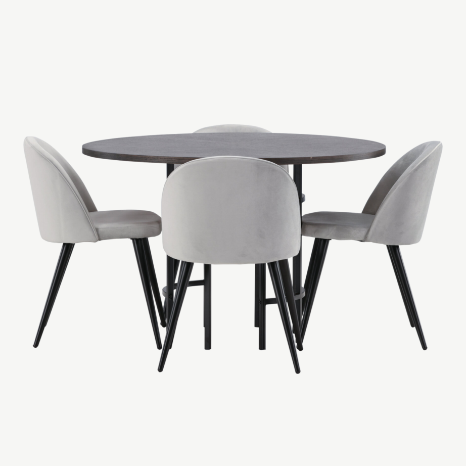 Ümmargune söögilaud Copenhagen mokkatoonis ja hallid sametkattega toolid, GR22851 – 5