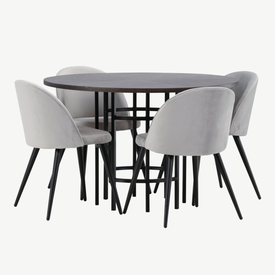 Ümmargune söögilaud Copenhagen mokkatoonis ja hallid sametkattega toolid, GR22851 – 6